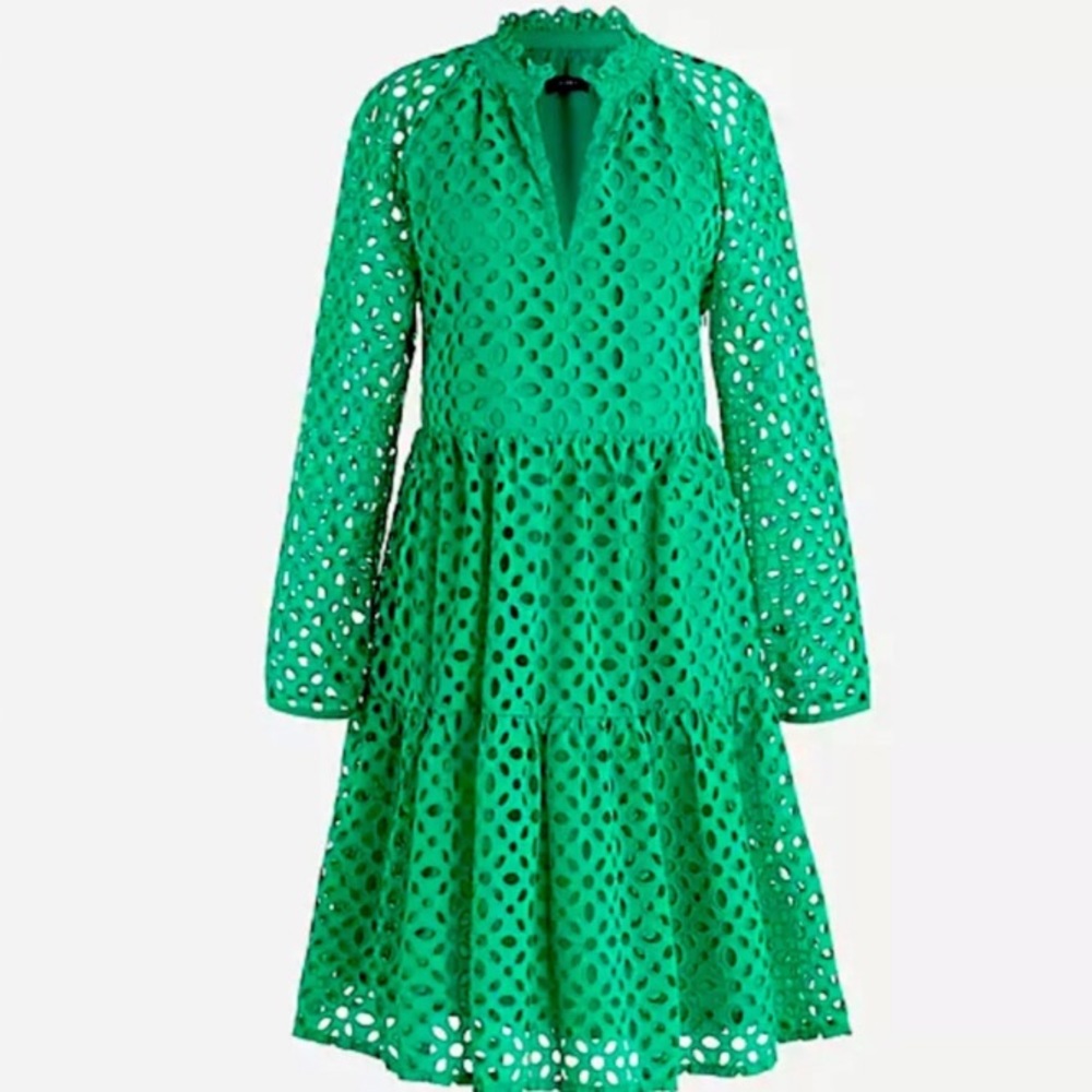 New JCrew Tiered Popover Dress Green Eyelet